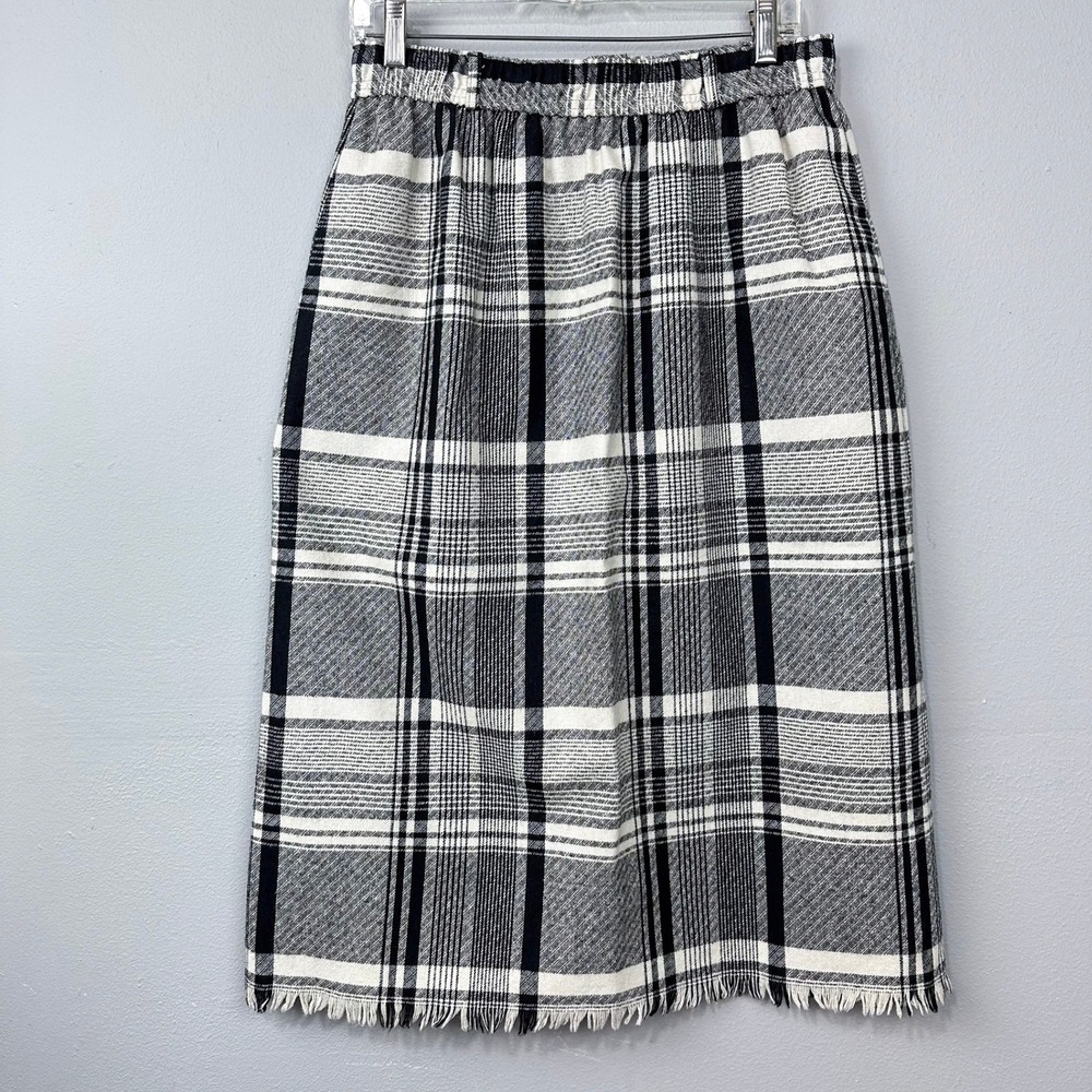 Vintage 80s Plaid Skirt Women Size 14 Black White Wool Blend Blanket Fringe Midi